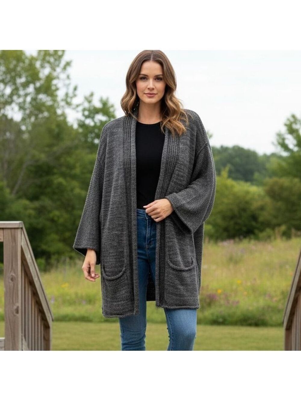 Willow & Clay Green and gray open sweater cardigan 3/4 sleeve Mohair bland OS